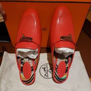 Hermes Oz Mule Slip-on with Kelley Buckle Coral Red Color Leather 39.5